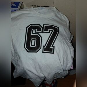 White T-Shirt with Black '6 7' Print Nwot